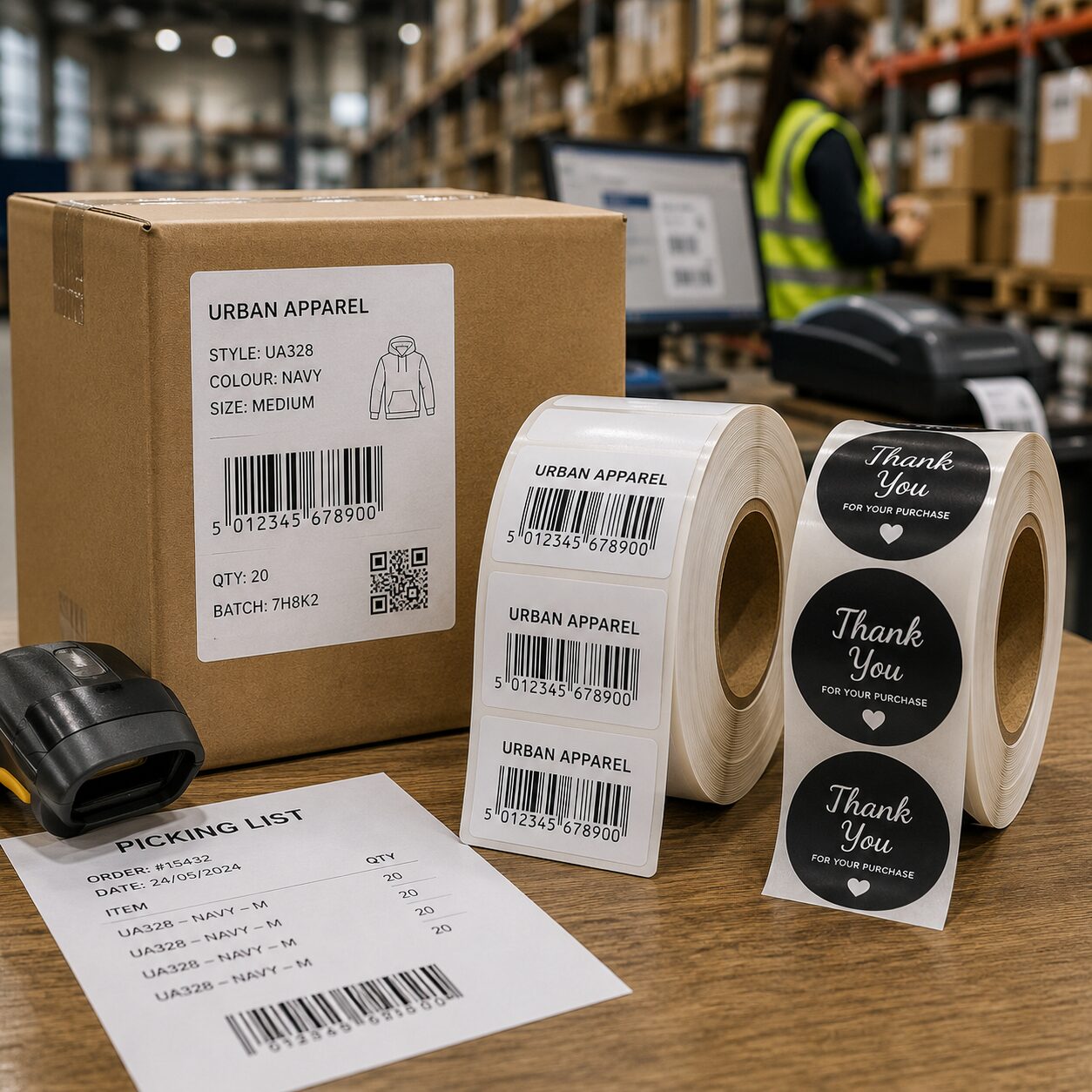 Retail packing labels in warehouse