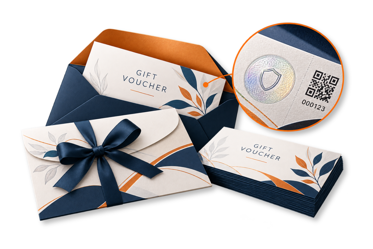 gift voucher envelopes with security features, holograms and qr code and sequential numbering
